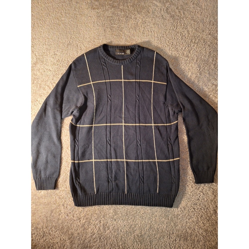 VTG BILL BLASS Men's XL Navy Blue Cotton Sweater Classic Grid Pattern Cable Knit